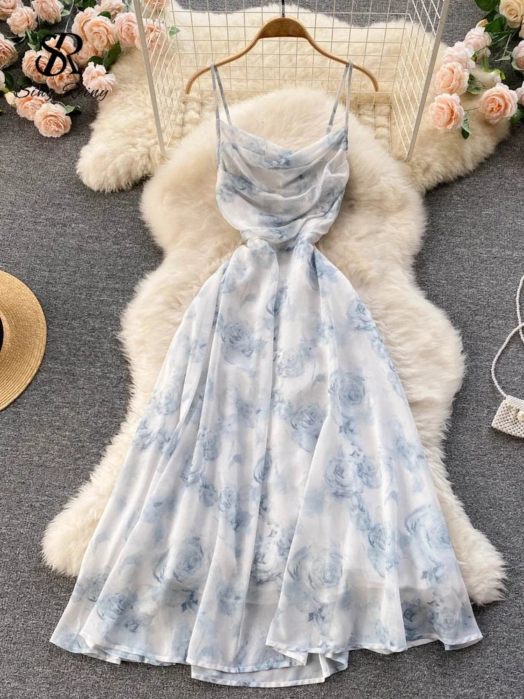 Singreiny Women Floral Spaghetti Strap Dress Elastic Ruched Sexy Hollow Backless Party Dress Summer Boho Vacation Beach Sundress