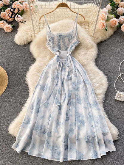 Singreiny Women Floral Spaghetti Strap Dress Elastic Ruched Sexy Hollow Backless Party Dress Summer Boho Vacation Beach Sundress