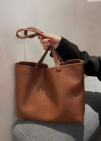 Soft Leather Tote Bag In Beige And Brown