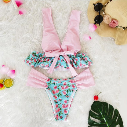 V-Neck Bow Knot Floral Print Bikini Set