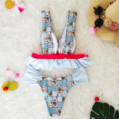 V-Neck Bow Knot Floral Print Bikini Set