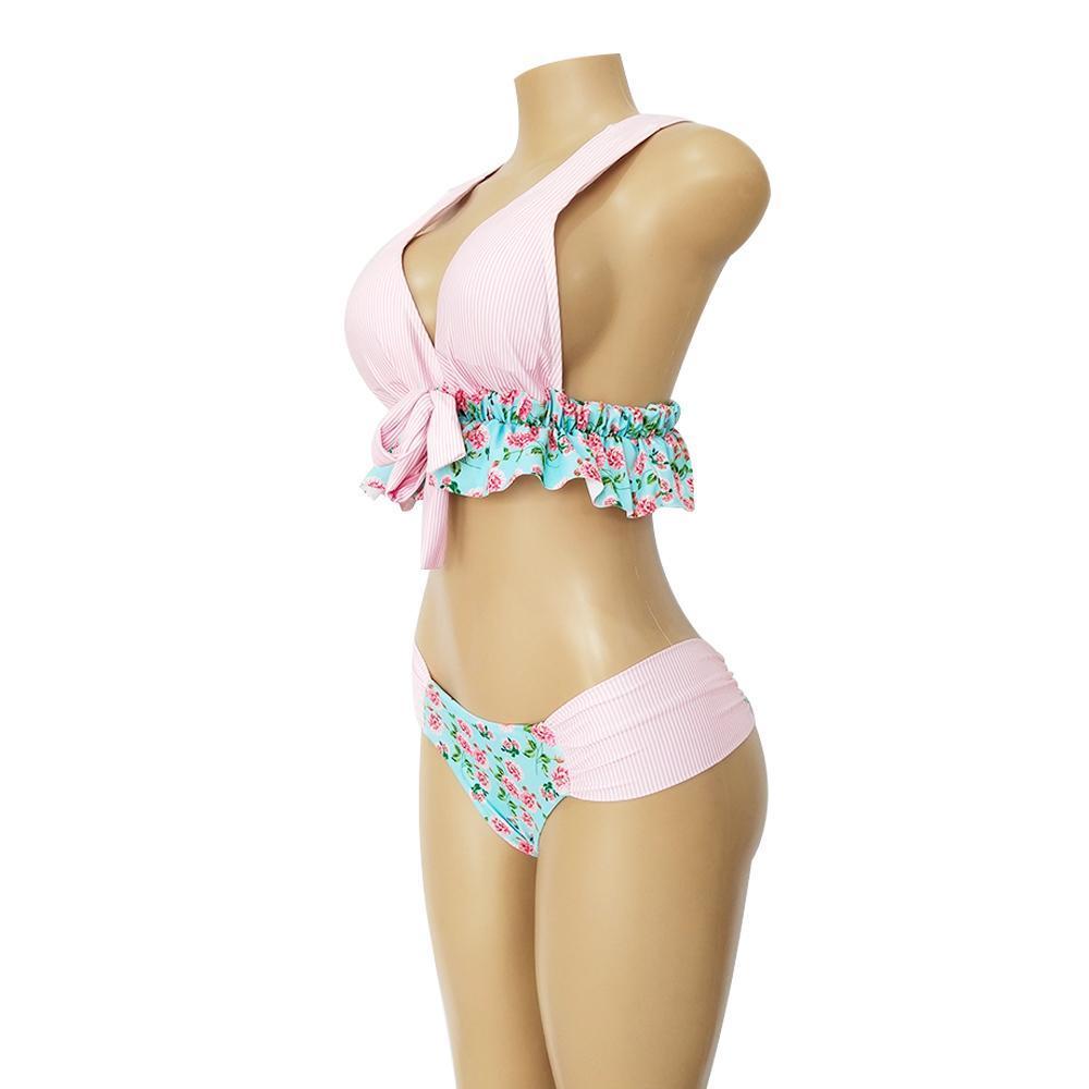 V-Neck Bow Knot Floral Print Bikini Set