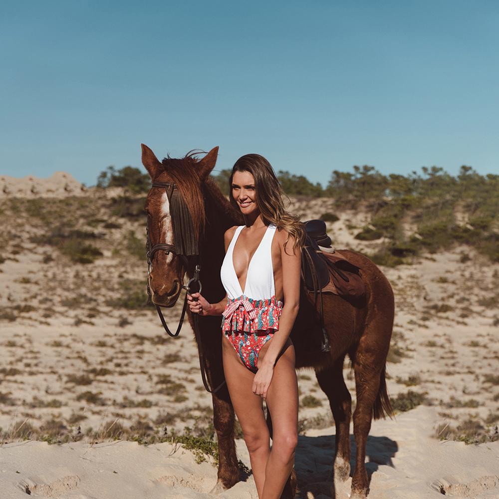 Ruffled Print V-Neck Bow Ins Style One Piece Swimsuit