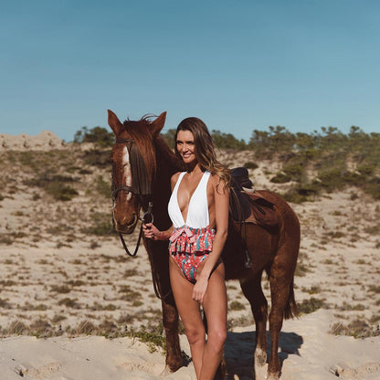 Ruffled Print V-Neck Bow Ins Style One Piece Swimsuit
