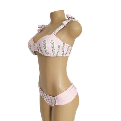 Resort Style Hang Neck Bow Color Block Bikini Set