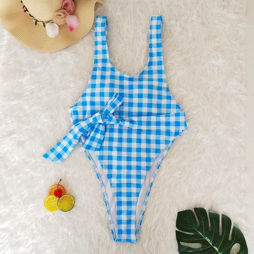 Blue Plaid Ins Style One Piece Swimsuit