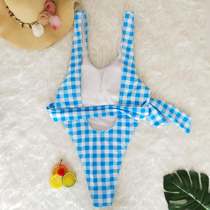 Blue Plaid Ins Style One Piece Swimsuit