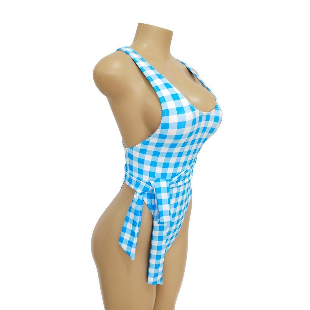Blue Plaid Ins Style One Piece Swimsuit