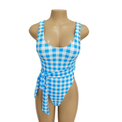 Blue Plaid Ins Style One Piece Swimsuit