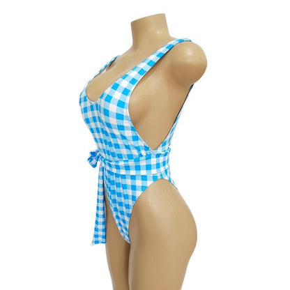 Blue Plaid Ins Style One Piece Swimsuit