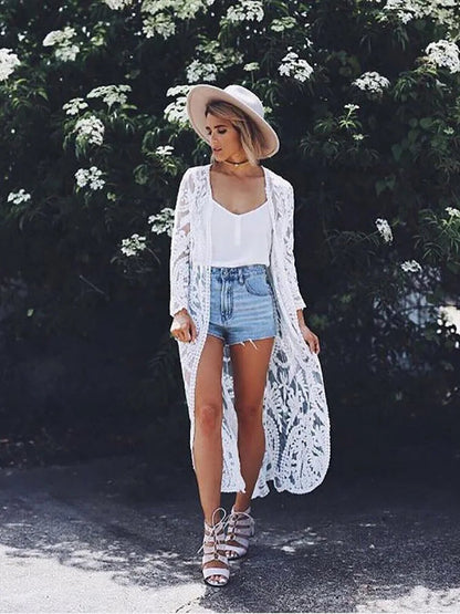 Fitshinling Bohemian White Beach Cover-Up Swimwear Sarong Embroidery Lace Kimono Sexy Transparent Long Cardigan Saida De Praia