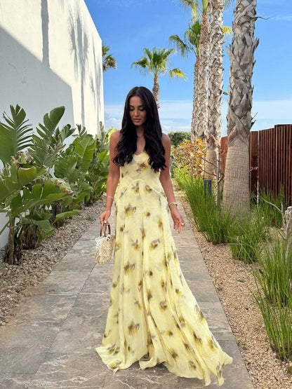Yellow Print V Neck Sling Maxi Dresses Elegant Sleeveless Backless High Waist Pleated Long Dress Lady New Summer Commute Robes