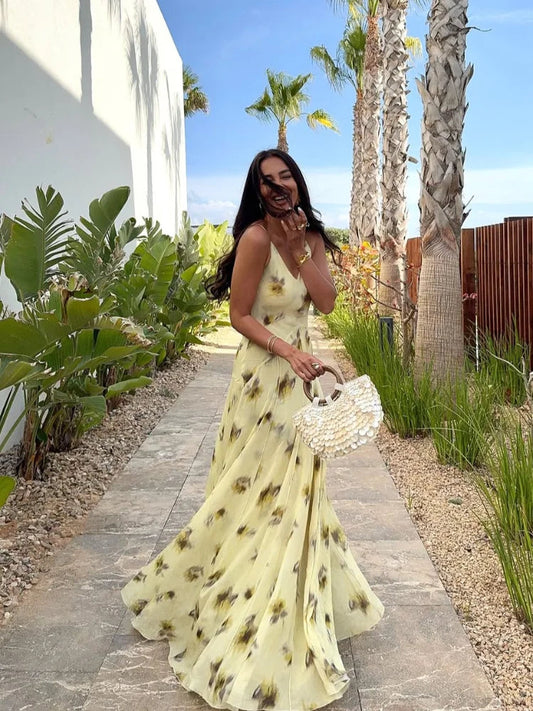 Yellow Print V Neck Sling Maxi Dresses Elegant Sleeveless Backless High Waist Pleated Long Dress Lady New Summer Commute Robes