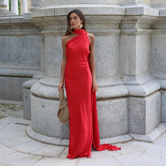 Elegant Satin Ribbons Halter Party Dress Women'S Sexy Backless Off Shoulder Sleeveless Robes 2025 Summer New Lady Evening Gowns