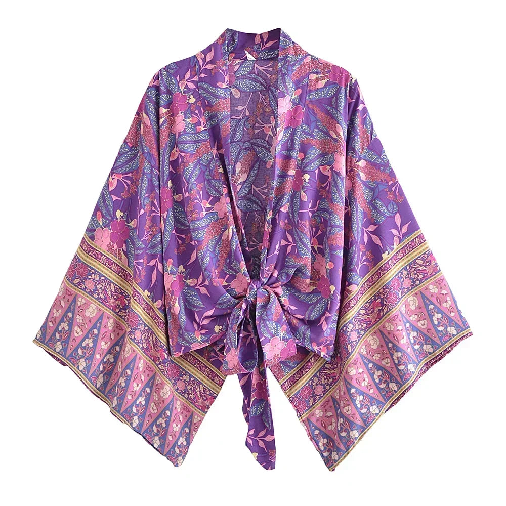 Happie Queens Floral Print Sashes Short  Kimono Women Fashion V Neck Batwing Sleeves Robe Lady Boho Bikini Cover-Ups
