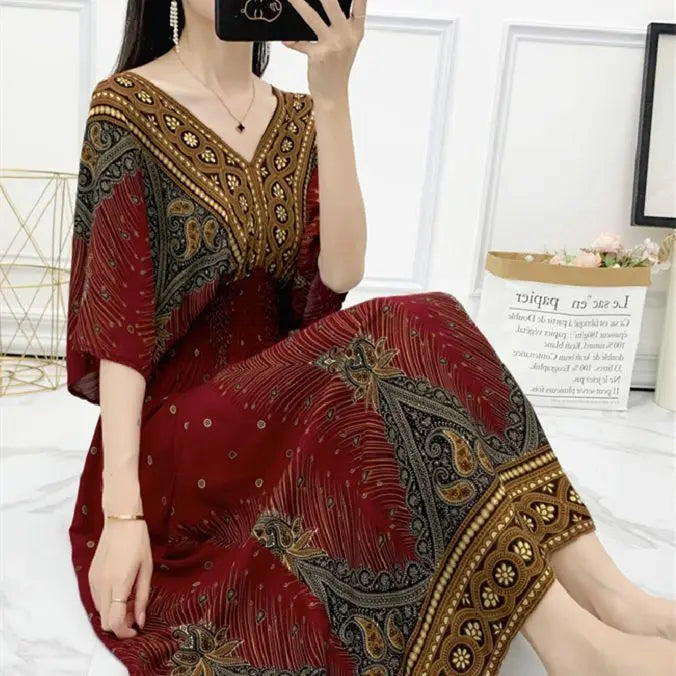Casual Elegant Retro Bohemian National Style V-Neck Elastic  Waist Large Swing Printed Summer Long Skirt Woman Dress Clothes