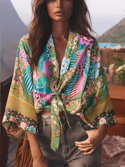 Happie Queens Floral Print Sashes Short  Kimono Women Fashion V Neck Batwing Sleeves Robe Lady Boho Bikini Cover-Ups