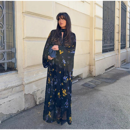 Elegant Printed Boho Long Dresses Women Loose Chic Turtleneck Lantern Sleeve Floral Robes 2025 Spring Summer Lady Vacation Dress
