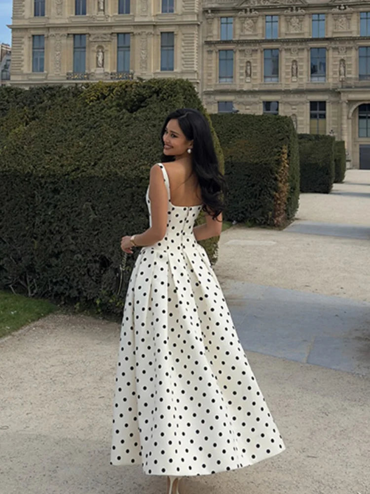 2025 Polka Dot Maxi Dresses Women Elegant Square Neck Lotus Hem Long Gowns Chic Lady Sleeveless High Waist Cinched Summer Robes