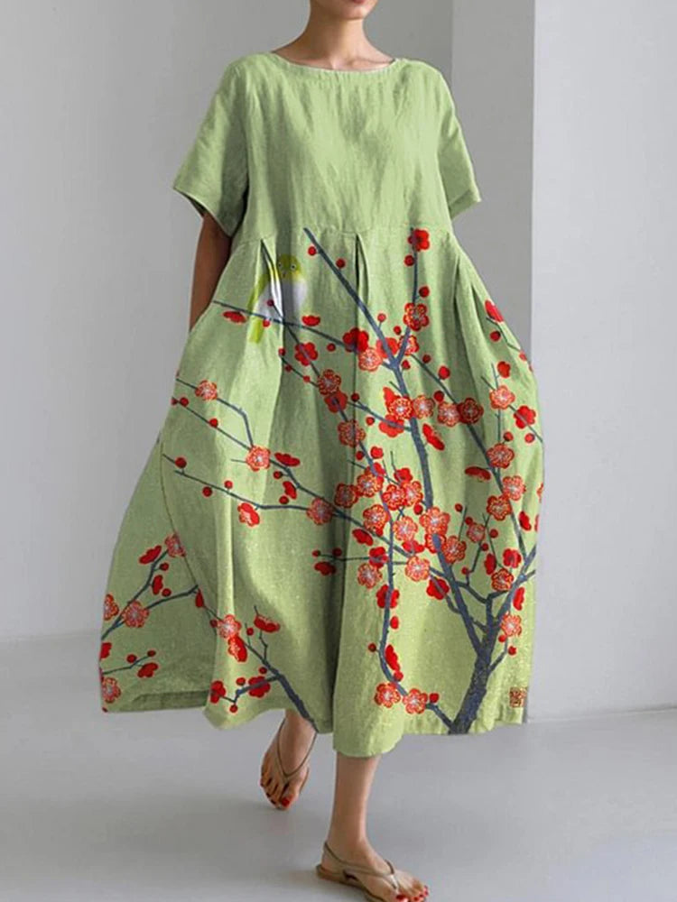 New Women'S Round Neck Long Casual Dress Summer Large Size Fresh Fish Print Dress Street Vacation Short-Sleeved Dress