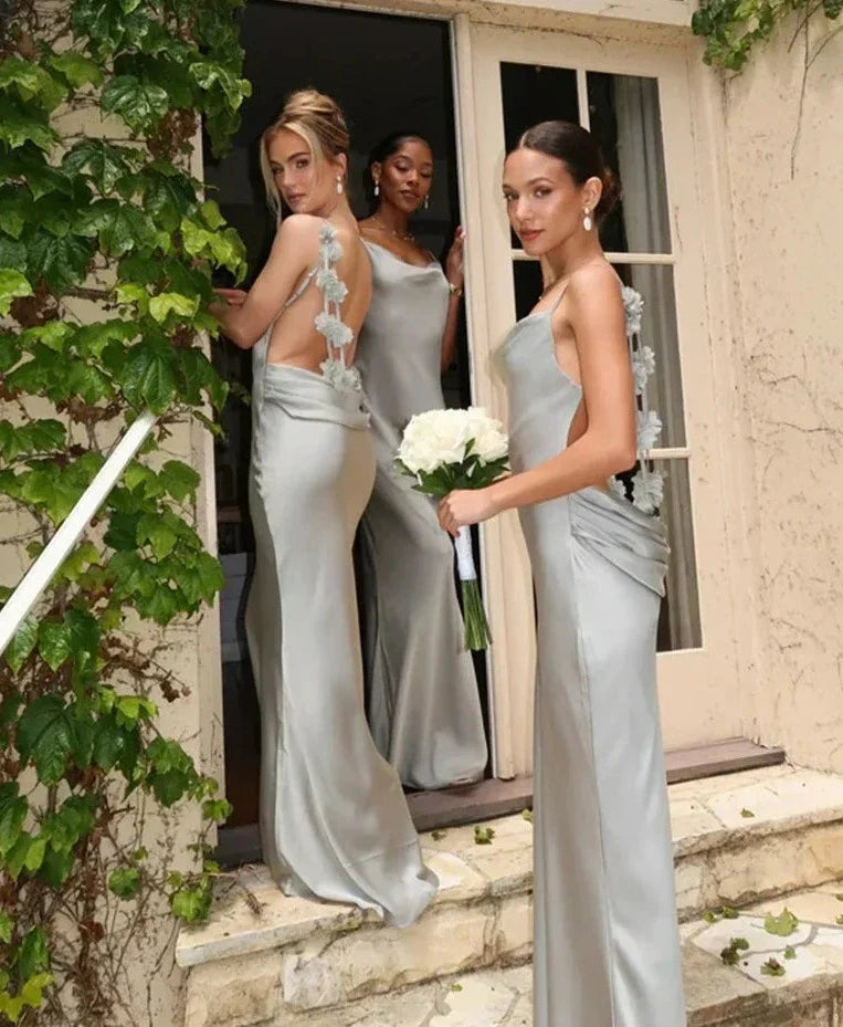 3D Flower Draped Open Back Maxi Dress