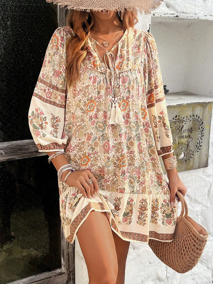 Canwedance Women'S Bohemian Printed Dress V Neck Chic Short Dress Loose Fit Viscose Holiday Dresses Femme Hippie Vestidos