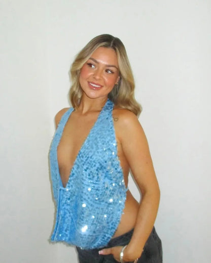 Fashion Solid Sequins Halter Crop Tops For Women Glitter Y2K Backless Lace-Up Slim V Neck Top Summer Party Camisole Tank Shirts