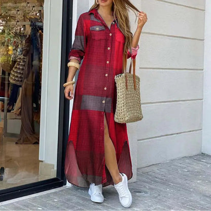Spring And Autumn Women'S Fashion Plaid Printed Polo Neck Shirt Dress Elegant Denim Long Sleeve Button Pocket Loose Long Dreess