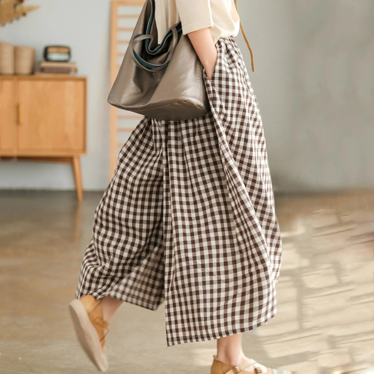 Summer New Culotte Pants High Waist Pleated Slanted Pocket A-Shaped Wide Leg Covering Span Checkered Printing Trousers