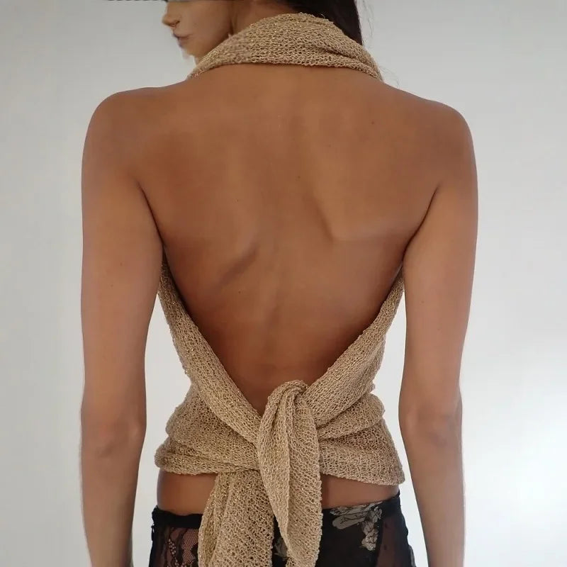 Jadedlondon Gold Knitted Hollow Out One Piece Top Hanging Neck Shoulder Multi-Way Holiday Style Strap Vest Polyester Fiber