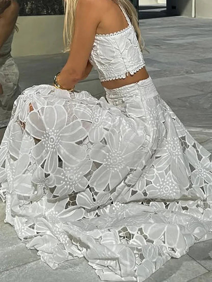 Spring Summer Holiday Boho Outfit Women Sexy O Neck Sleeveless Crop Top & Maxi Skirts Set 2025 Fashion Embroidery Lace 2Pcs Suit