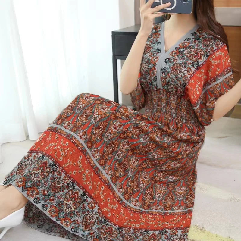 Casual Elegant Retro Bohemian National Style V-Neck Elastic  Waist Large Swing Printed Summer Long Skirt Woman Dress Clothes