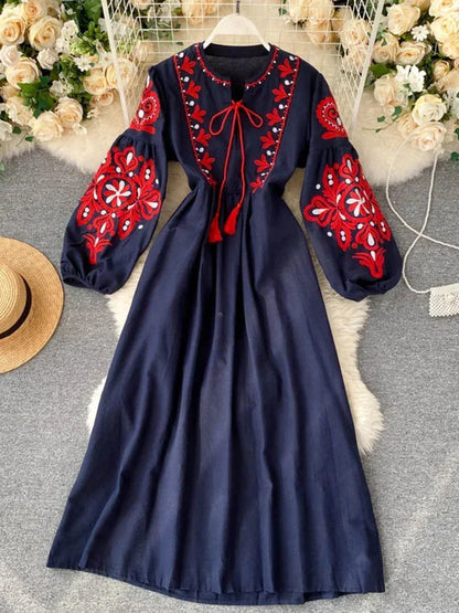 Women Autumn Dresses Bohemian Embroidered Flower O-Neck Lantern Sleeve High Waist Pleated Dress All-Match Female Vestidos Pl393