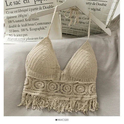 2025 Crop Tops Retro Wild Hollow Perspective Tassel Sexy Spaghetti Strap Tanke Top Women Built In Bra New Back Lace Halter Neck