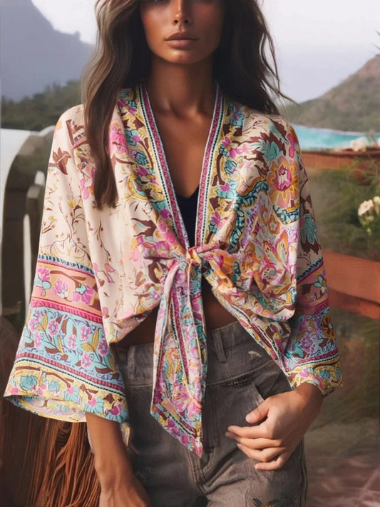 Happie Queens Floral Print Sashes Short  Kimono Women Fashion V Neck Batwing Sleeves Robe Lady Boho Bikini Cover-Ups