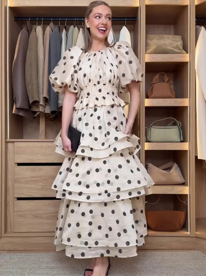 Chic Puffy Layered Ruffles Polka Dot Print Skirt Sets Women Elegant O-Neck Bubble Short Sleeve Tops Suit Lady Evening Partywear
