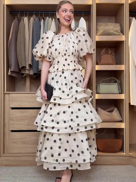 Chic Puffy Layered Ruffles Polka Dot Print Skirt Sets Women Elegant O-Neck Bubble Short Sleeve Tops Suit Lady Evening Partywear