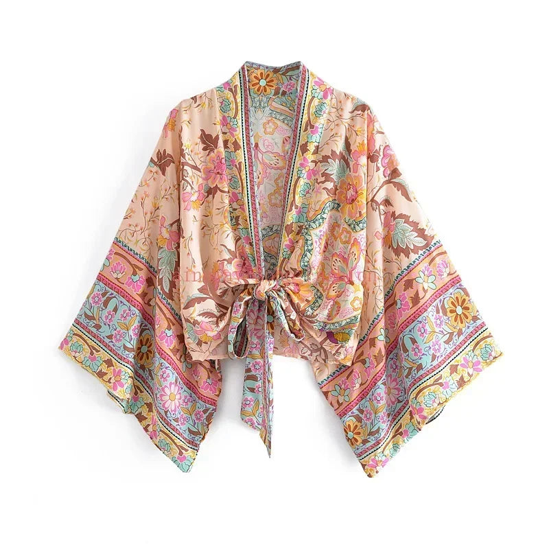 Happie Queens Floral Print Sashes Short  Kimono Women Fashion V Neck Batwing Sleeves Robe Lady Boho Bikini Cover-Ups