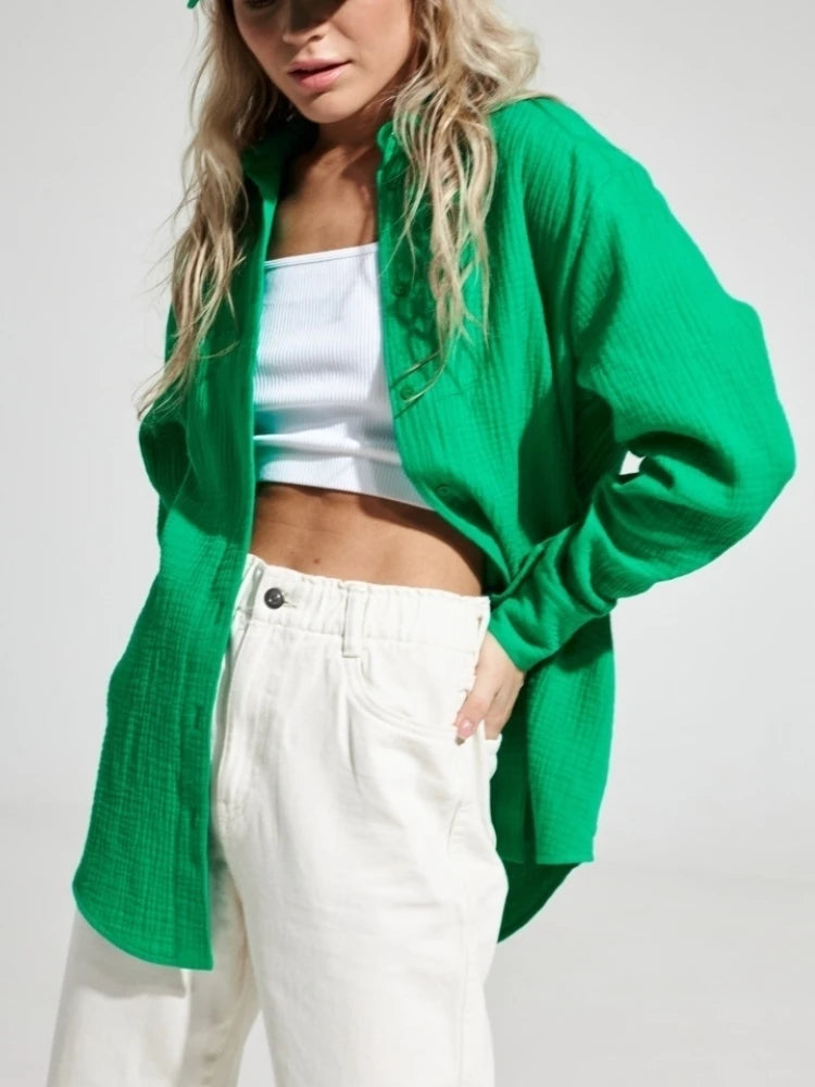 Bornladies 2025 Women'S Spring Summer 100% Cotton Shirts Office Lady  Fashionable Solid Lady Long Sleeve Loose Tops Crepe Shirts