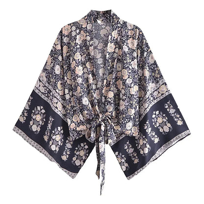 Happie Queens Floral Print Sashes Short  Kimono Women Fashion V Neck Batwing Sleeves Robe Lady Boho Bikini Cover-Ups