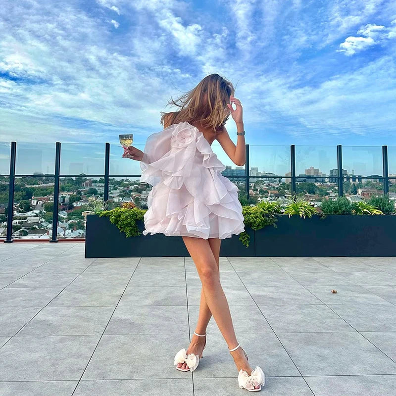 Beach Layer Ruffles Long Dress Women 3D Flower Backless Sleeveless Slim Fit Maxi Dresses Female 2025 Summer Lady Party Robes
