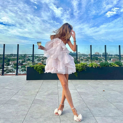 Beach Layer Ruffles Long Dress Women 3D Flower Backless Sleeveless Slim Fit Maxi Dresses Female 2025 Summer Lady Party Robes