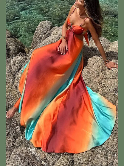 Fashion Gradient Hollow Out Maxi Dress Women Bohemia Spaghetti Strap Sleeveless Backless Beach Dresses Female Vacation Chic Robe