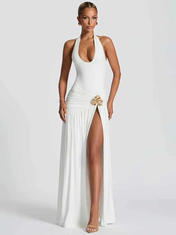 Mozision Elegant Backless Sexy Maxi Dress Set Women Halter Bodysuit And Maxi Skirt Matching Set Female Ruched Split Dress Sets
