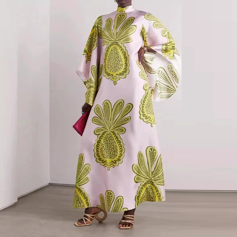 Ethnic Retro Spring Print Boho Long Dress Women Sexy Stand Collar Lace-Up Party Dress Fall Long Sleeve Loose Ladies Maxi Dresses