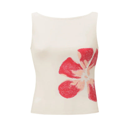 Combhasaki Women'S Y2K Vintage Crop Tank Tops Slim Fitted Aesthetic Flower Print Boat Neck Sleeveless Party Club Summer Camis