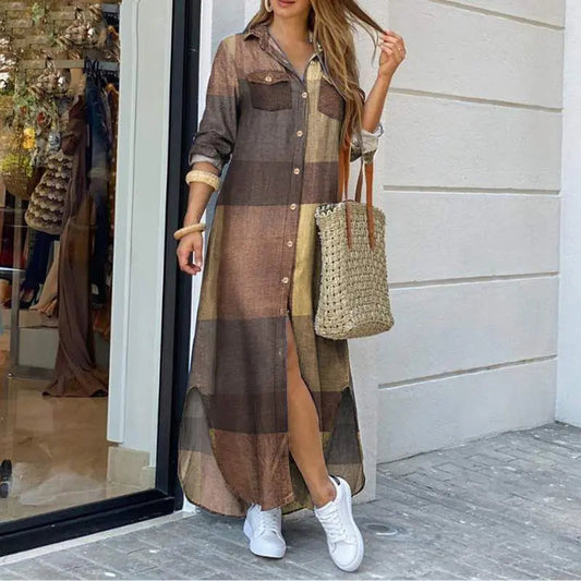 Spring And Autumn Women'S Fashion Plaid Printed Polo Neck Shirt Dress Elegant Denim Long Sleeve Button Pocket Loose Long Dreess