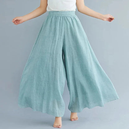 2024 Sen Women'S Artistic Plus Size Cotton Linen Pants Skirt Elastic Waist Solid Color Ethnic Style Wide Leg Pants Skirt