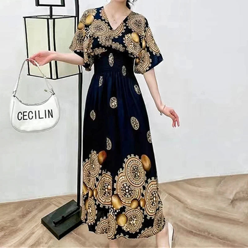 Casual Elegant Retro Bohemian National Style V-Neck Elastic  Waist Large Swing Printed Summer Long Skirt Woman Dress Clothes
