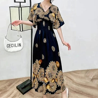 Casual Elegant Retro Bohemian National Style V-Neck Elastic  Waist Large Swing Printed Summer Long Skirt Woman Dress Clothes